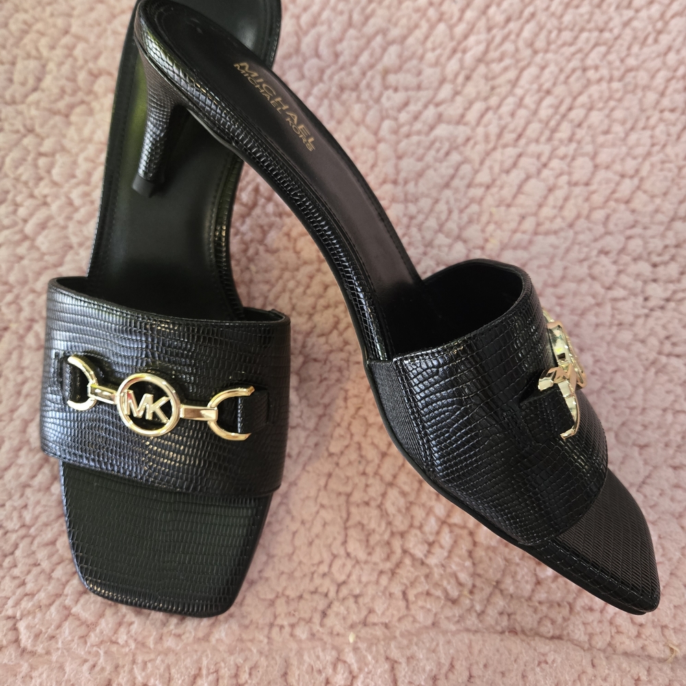 Michael Kors Black Lizard-Texture Slide Sandals with Gold MK Chain - Picture 2 of 3